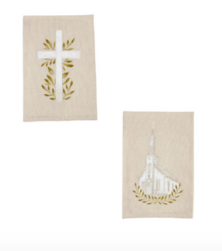 Cross painted faux linen hand towel with olive branch detail