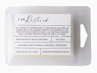 Freedom Studios Wax Melts with mandarin, bergamot, jasmine, and white tea

Hand-poured soy blend wax melts made by survivors

Freedom Studios 2oz wax melt with uplifting citrus and floral notes

Soy blend wax melts in clean packaging by Freedom Studios