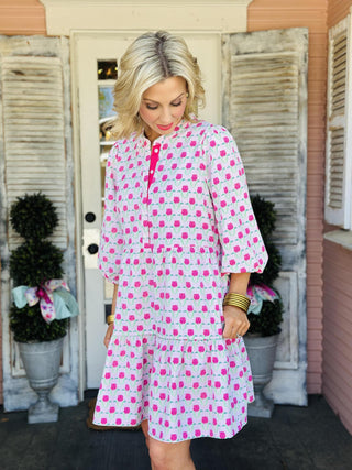 Riley Flora dress with pink floral print and puff sleeves