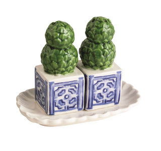Hand-painted topiary salt and pepper shakers with scalloped ceramic tray