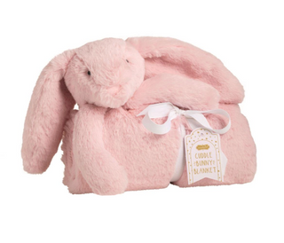 “Pink cuddle bunny blanket with plush faux fur and bunny ears”