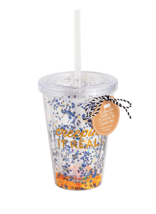 Halloween Light-Up Tumblers with double-walled sequin design, reusable straw, lid, and LED light-up base in festive Halloween styles.