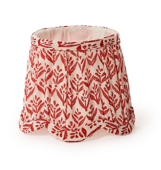 Scalloped floral fabric lampshades in red and blue linen with elegant pleated edges for portable LED lamps