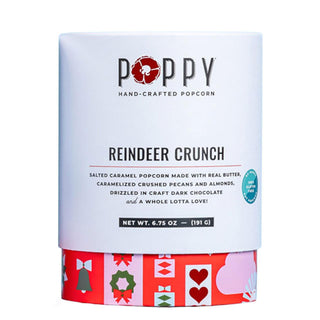 “Poppy Reindeer Crunch Popcorn Cylinder holiday tin”

“Poppy Reindeer Crunch caramel popcorn in festive cylinder”

“Holiday Reindeer Crunch popcorn with nuts and chocolate drizzle”

“Poppy gourmet caramel popcorn Reindeer Crunch container”