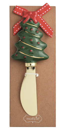 Whimsy Christmas Spreaders featuring brass-plated stainless steel blades with hand-painted holiday handles in Santa, reindeer, candy canes, and Christmas tree designs.