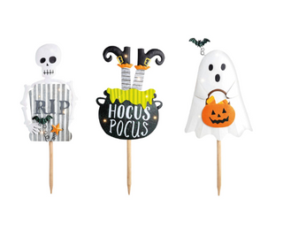 Halloween LED yard stakes featuring a skeleton tombstone, Hocus Pocus cauldron, and ghost carrying a jack-o'-lantern bucket on wooden stakes.