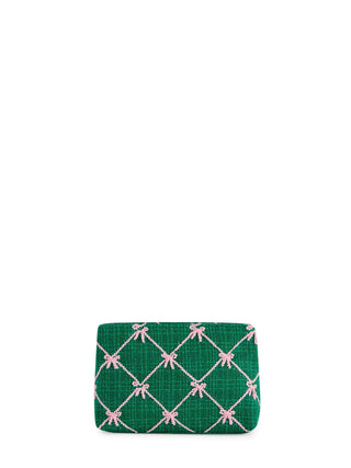 Green zip pouch with pink stitched bows

Pink textured clutch with gold stitched bow pattern

Festive bow-pattern pouch with zipper closure

Holiday makeup bag with stitched bows

Small clutch with bow details and zip top