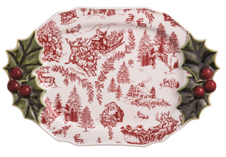 Red and white holiday serving platter with holly handles

Christmas toile print stoneware platter with holly accents

Rectangular serving tray with red scenic pattern and holly sides

Decorative Christmas platter with hand-painted holly clusters

Festive stoneware platter featuring vintage holiday scenes