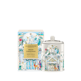 Glasshouse White Christmas Candle with cedar leaf and fruity clove fragrance

Holiday White Christmas soy candle in decorative white and gold jar

Luxury Glasshouse Christmas candle in festive white packaging