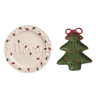 “Merry & Tree Platter Set – hand-painted Christmas stoneware serving platters”

“Set of two holiday platters, one round ‘Merry’ plate and one tree-shaped dish”

“Christmas stoneware platter set with textural lights and tree design”

“Festive serving set featuring ‘Merry’ plate and tree platter with holiday lights”

