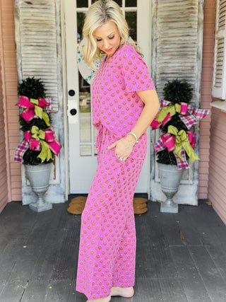 Soft pink floral lounge set with drawstring pants