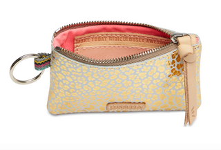 Consuela Kit Pouch in foiled leather with gold jag print and keyring

Gold jag print Consuela Kit leather pouch with zipper and natural leather trim

Consuela Kit Pouch small leather zip pouch with attached keyring

Foiled leopard print Consuela pouch with leather zipper pull