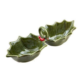 Green holly-shaped double dip dish with center handle

Christmas-themed stoneware dip dish with red berry detail

Hand-painted holly leaf double serving bowl

Holiday appetizer dish with two compartments

Ceramic holly dip bowl perfect for festive entertaining