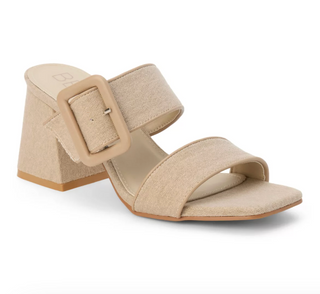 Lucy heel vegan two band sandal with buckle detail and block heel