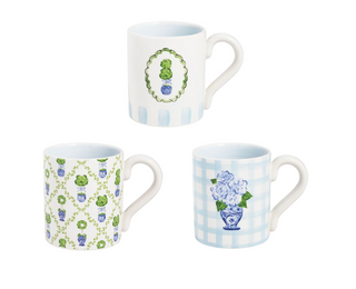 Topiary ceramic mug with blue and green botanical design