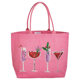 Pink jute tote bag with sequin holiday drink designs and cotton webbing handles