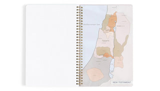 Open church notes journal with lined sermon pages and verse sections