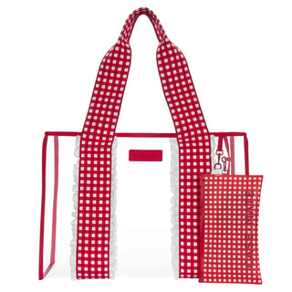 Case Mate Cherry Gingham Jelly Tote Bag with transparent PVC body, red gingham straps, lace trim accents, and matching pouch