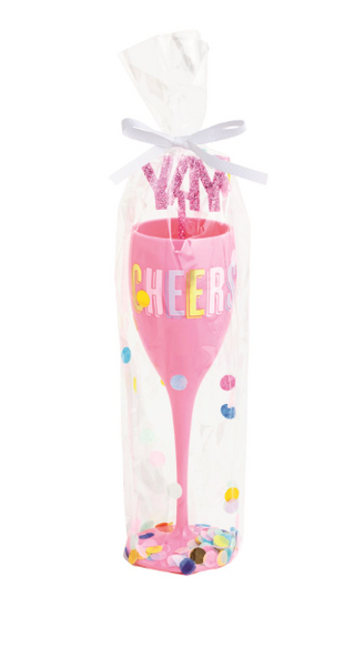 Cheers acrylic champagne flute with drink stirrer and confetti wrap