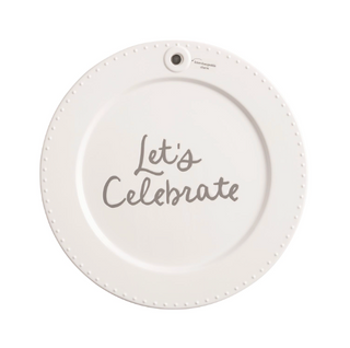 Simply Charming ceramic serving platter with a beaded rim, "Let's Celebrate" sentiment, and built-in magnet for interchangeable Simply Charming charms.
