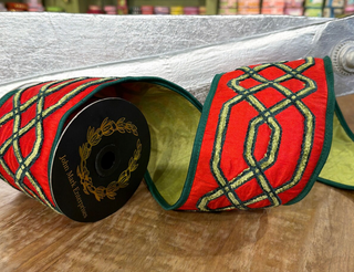 John Mark Sharp Embroidered Trellis Pattern Red and Green Dupion Ribbon