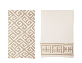 Knit Greek Key pattern throw blanket in neutral tones