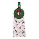 Christmas hand towel with wreath crochet topper and candy cane print

Festive cotton hand towel with green wreath crochet loop

White holiday towel with red and green candy cane pattern

Christmas kitchen towel with wreath topper and hanging loop