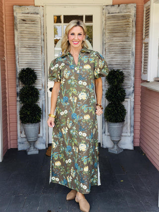 Aspen Dress brown floral print midi dress with puff sleeves and pockets