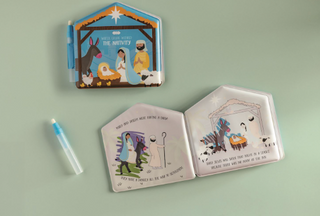Nativity Water Wizard Book with pen included for children ages 3+

Water-activated nativity scene coloring book with Mary, Joseph, and baby Jesus

Open pages of Nativity Water Wizard Book showing color reveal feature

