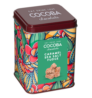 Cocoba caramel sea salt fudge in colorful gift tin

Caramel sea salt fudge tin by Cocoba Chocolate

Cocoba fudge gift tin with vibrant floral design

Caramel sea salt fudge pieces in decorative tin