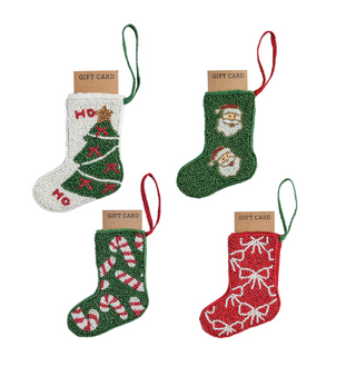 Beaded Stocking Ornaments with festive Christmas designs and grosgrain loop hangers, perfect for holding gift cards or cash.