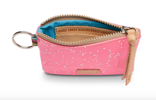 Consuela Shine Pouch in neon pink with star glitter and keyring

Neon pink Consuela Shine Pouch with leather zipper pull and logo accent

Interior view of Consuela Shine Pouch showing card slot and zip closure