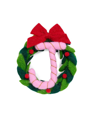 Felt initial wreath ornament with pink bow

Christmas wreath ornament with letter monogram

Festive felt wreath ornament with red berries and bow

Personalized letter ornament in colorful felt wreath

Wool holiday wreath with initial and pink bow