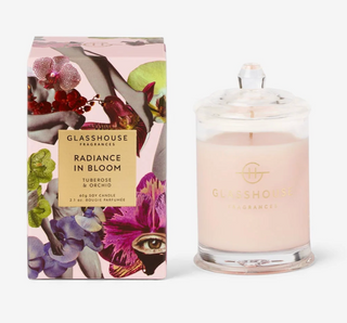 Glasshouse Radiance In Bloom candle in frosted glass with pink wax and lid