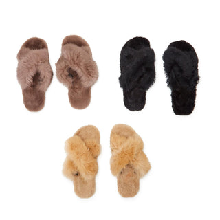 Fluffy Plush Mocha Criss Cross Slippers