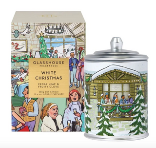 Glasshouse Fragrances White Christmas Candle with cedar leaf, fruity clove and eucalyptus