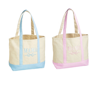 Embroidered “Mama” canvas tote bag with blue contrast straps