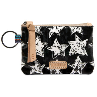 “Consuela Madi Pouch with black and white star design”

“Madi Consuela pouch with leather zipper pull and keyring”

“Consuela Madi star print mini pouch made in Mexico”

“Interior of Consuela Madi Pouch with pink lining and card slot”

“Small Consuela Madi Pouch with Diego leather logo accent”