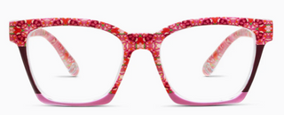 Peepers Laura Park collaboration glasses with colorful floral pattern and square frame