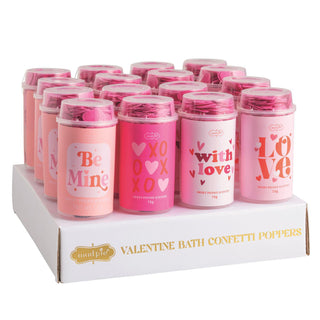 Valentine’s Bath Confetti Poppers with pink heart-shaped bath confetti in clear plastic poppers

Sweet Peony scented Valentine bath confetti poppers displayed in countertop box

Heart-shaped bath confetti poppers for Valentine’s Day gifts and self-care

Pink Valentine bath confetti poppers with Sweet Peony fragrance

Valentine’s Day bath confetti poppers in assorted pink designs