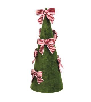 Set of three decorative Christmas tree sitters with striped bows

Velvet and cotton tabletop Christmas trees with red and white bows

Bow tree holiday decor in green, white, and striped cone designs