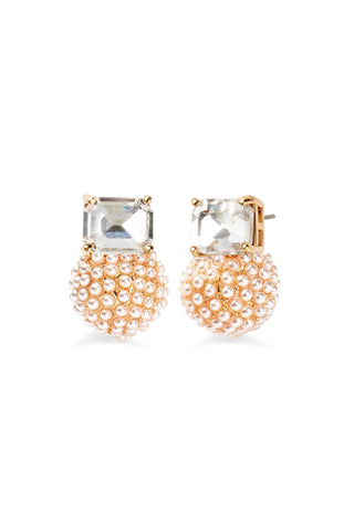Gold-plated post earrings with pearl pavé sphere and blush crystal top

Elegant stud earrings featuring faux pearls and faceted crystal stone

Blair Pearl Post Earrings in blush and crystal color options