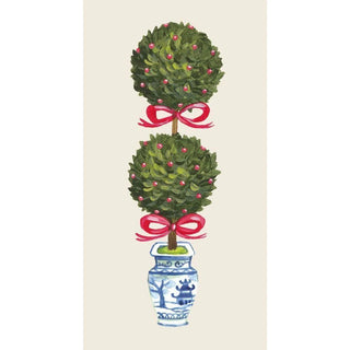 Holiday Topiary Guest Napkin featuring two green topiary balls with red bows in a blue and white chinoiserie vase.
