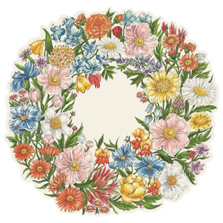 Die-cut wildflower wreath paper placemat with colorful floral design