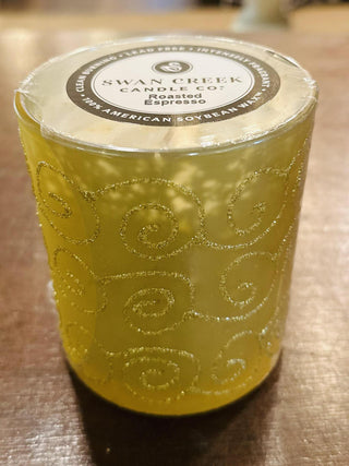 Swan Creek Shimmering Light Large Vase candles in assorted colors

Large soy wax candles in glitter swirl glass jars

Swan Creek 10 oz Shimmering Light candles with decorative glass design

Festive glass candles in red, green, yellow, and white hues

Colorful soy candles in elegant embossed vases by Swan Creek