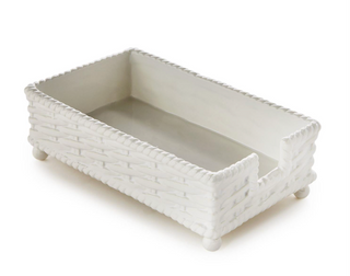 White ceramic guest towel holder with woven basket texture design