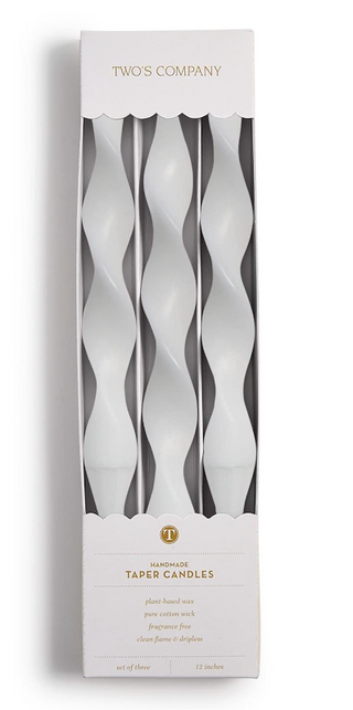 Twist and Glow spiral tapered candles set of three white 12 inch dinner candles