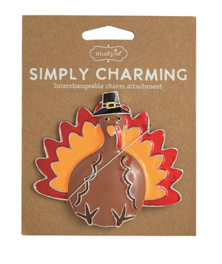 Turkey Simply Charming Charm featuring a colorful Thanksgiving turkey with a pilgrim hat and magnetic backing for interchangeable serveware.
