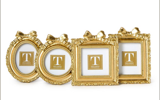 "Vintage gold mini picture frames with bow accents in assorted shapes"

"Set of ornate gold photo frames with decorative bows"

"Elegant mini gold frames with bows for tabletop display"

"Assorted oval and square vintage-inspired gold bow frames"