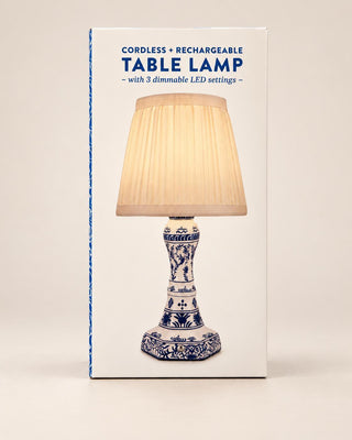 Chinoiserie blue and white cordless LED table lamp with pleated shade